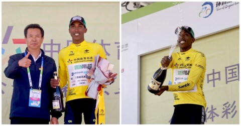 Eritrea's Henok Mulubrhan celebrates his Qinghai Lake Tour title